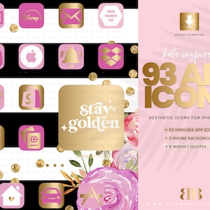 May include: A pink and gold aesthetic app icon set for iPhone iOS14. The set includes 93 high-resolution app icons, 5 phone backgrounds, and 6 widget quotes. The text "Stay + golden" is featured in a retro font.