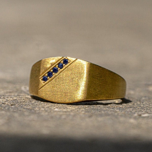 Mens Sapphire Signet Ring, Gold Man Ring, Blue Stone Ring, Sterling Silver Men's Signet Ring, Modern Minimalist Rings, Gift for Him / Her