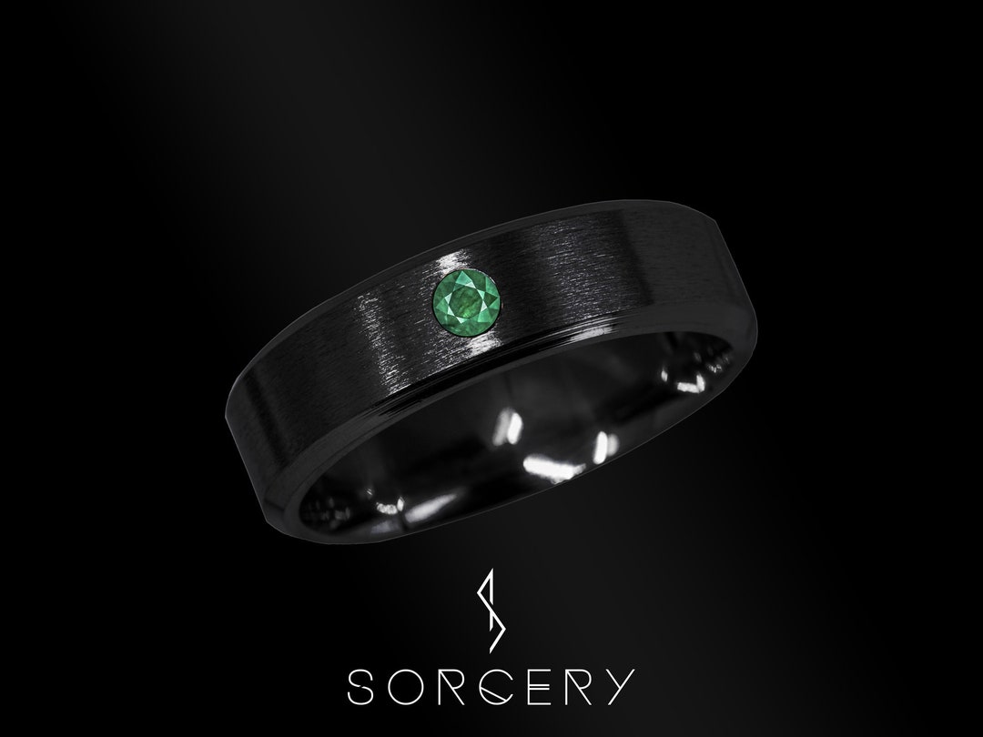 Black Natural Emerald Men Rings, Emerald Men Band, Mens Black Ring, Men