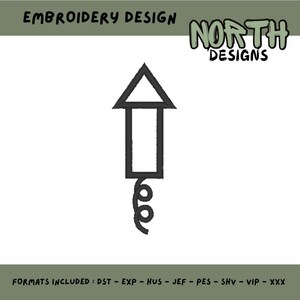 May include: Black and white line art embroidery design of a firework rocket. The design includes the text "NORTH DESIGNS" and "FORMATS INCLUDED: DST - EXP - HUS - JEF - PES - SHV - VIP - XXX".