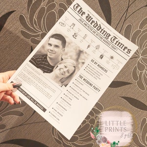 Wedding Newspaper Article - Personalised Newspaper Favours, Table Displays, A4 or A5 printed. Mr & Mrs Wedding Program Announcements