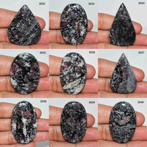 Może przedstawiać: Dziewięć kamieni szlachetnych o szlifie kaboszonowym z czarno-białym wzorem w kropki i czerwonymi inkluzjami. Kamienie szlachetne mają kształt owalny i kropelkowy.