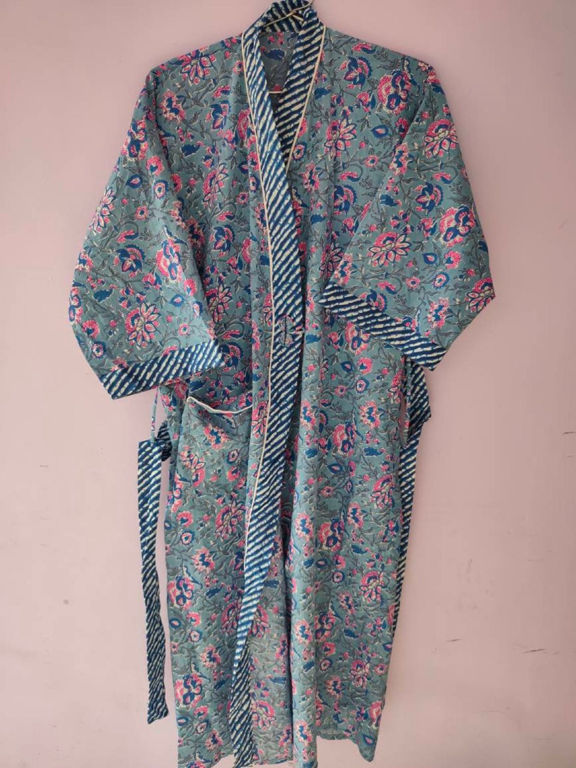 Hand Block Printed Kimono Cotton Bathrobe Dressing Gown Etsy