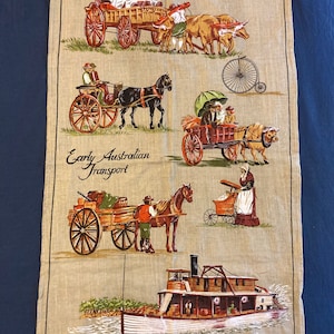 Early Australian Transport Teatowel Linen Cotton York WA, Horses, Penny Farthing