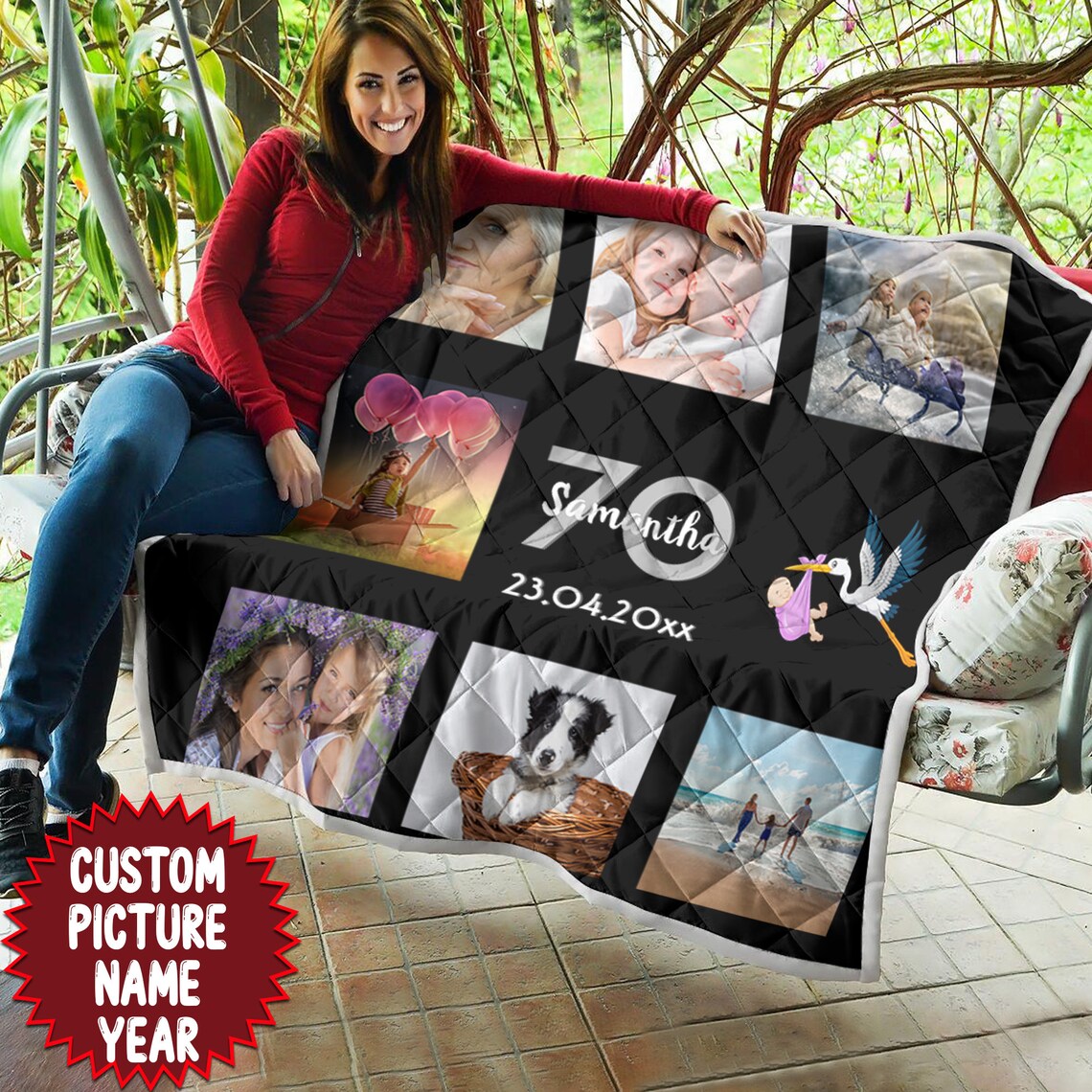 70th birthday photo collage black fleece blanket Personalized Etsy