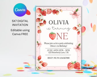 Strawberry Birthday Invitation | Girls Birthday Invitation  | Digital Invitation | 1st Birthday Invitation |  Instant Download