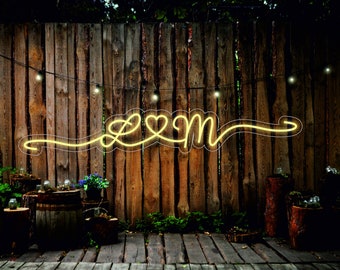 Custom wedding Initials with heart, marriage ceremony backdrop - light up neon sign