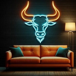Insegna al neon con testa di toro, insegna al neon con toro dalle lunghe corna, insegna al neon con testa di mucca,