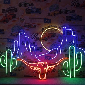 Neon sign with western decor, longhorn bull with western decoration light, bull neon sign, neon sign desert with cactus and head longhorn
