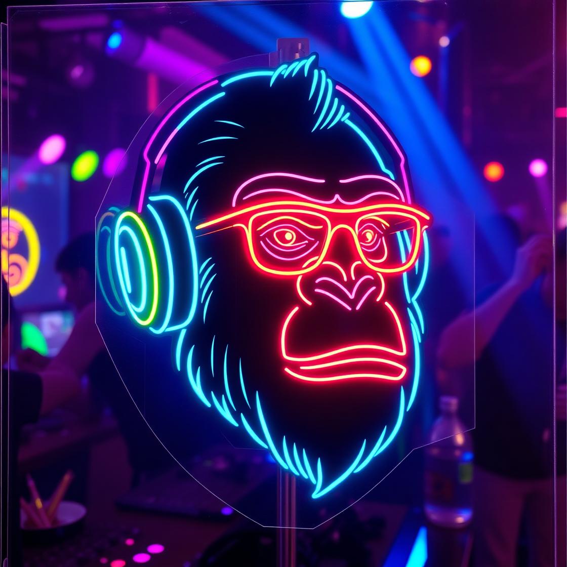 Gorilla Head Neon Sign, Neon Gorilla Head With Headphones, Music