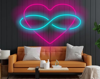 Neon heart sign with infinity symbol for lovers, infinity sign and heart valentine's day gift, neon sign for heart-shaped wedding decor