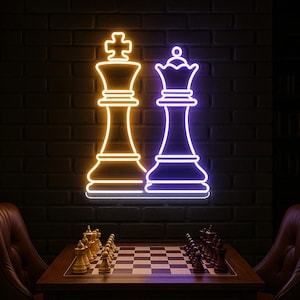 Letreiro de néon com o símbolo do rei e da rainha do xadrez – Luz de néon exclusiva para amantes do xadrez, decoração de parede para sala de jogos ou clube