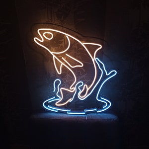 Salmon fish neon sign, neon sign as a gift for a fisherman, Alaskan salmon in water neon sign, Pink salmon, King salmon, Silver salmon neon