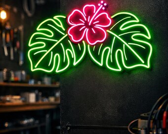表札☆happyフラワー150☆ Monstera Neon Sign, Tropical Leaf Hibiscus Neon Sign, Pink