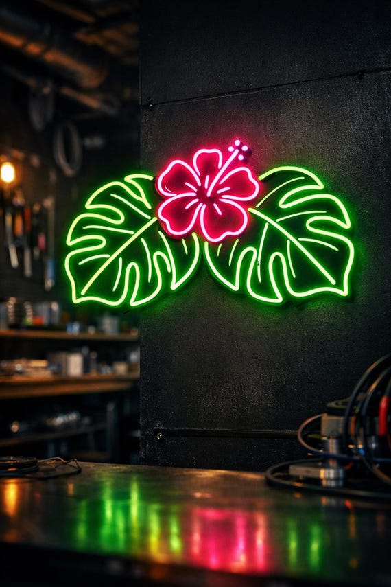 Monstera Neon Sign, Tropical Leaf Hibiscus Neon Sign, Pink