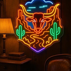 Neon sign with western decor, longhorn bull with western decoration light, bull neon sign, Conyon with cactus and head longhorn