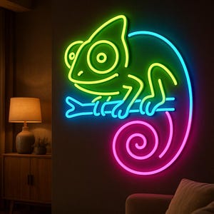 Letrero de neón de camaleón – Luz LED de camaleón personalizada – Decoración de pared de reptiles – Arte de neón de lagarto multicolor – Regalo para amantes de los camaleones