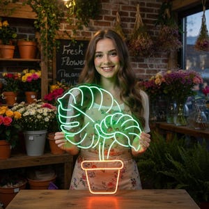 Letrero de neón con plantas, letrero de neón con monstera en maceta, letrero de neón con decoración de monstera, luz de neón con plantas, letrero de neón tropical