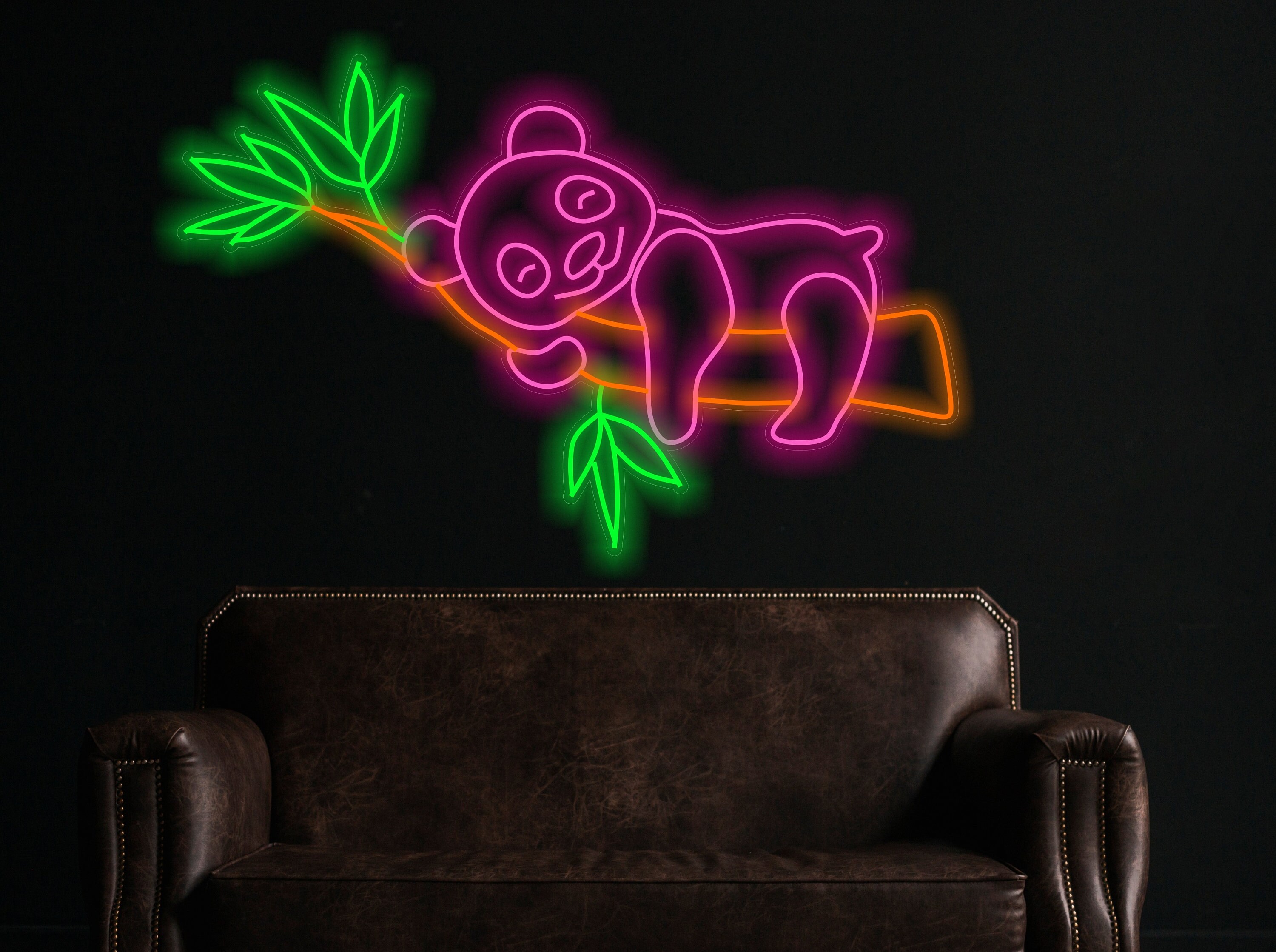 Panda Neon Sign, Bear Panda Neon Sign, Panda on a Bamboo Branch Neon ...