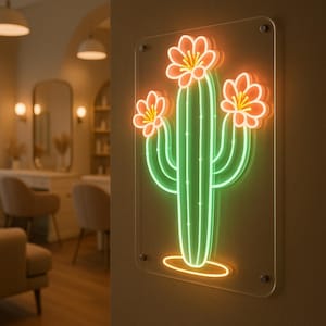 May include: A neon sign featuring a cactus design with three orange and yellow flowers. The cactus is green, and the sign is mounted on a clear acrylic panel. The sign is illuminated with neon lights.