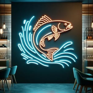 Salmon fish neon sign, neon sign as a gift for a fisherman, Alaskan salmon in water neon sign, Pink salmon, King salmon, Silver salmon neon