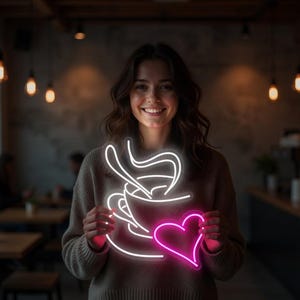 May include: A woman holding a neon sign shaped like a coffee cup and a pink heart. The sign emits white and pink light. The background is a cafe with warm lighting and hanging lamps.
