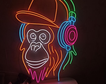 Monkey Head Neon Sign, Neon Gorilla Head With Headphones, Music