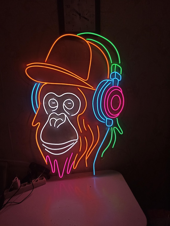 Monkey Head Neon Sign, Neon Gorilla Head With Headphones, Music