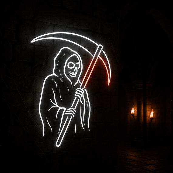 Halloween Grim Reaper Skull With Scythe Neon Sign – Spooky Creepy