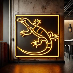 Puede incluir: Un letrero de neón con un diseño de lagarto amarillo sobre fondo negro. El letrero está montado en una pared en un bar o restaurante.