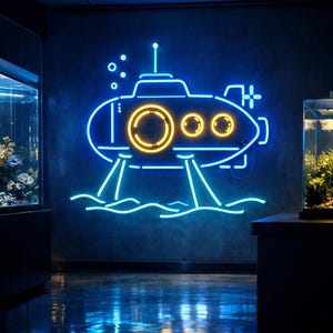 Peut inclure: Enseigne au néon représentant un sous-marin bleu et jaune sur un mur sombre. Le sous-marin a des hublots circulaires et repose sur une ligne ondulée, suggérant l'eau. L'enseigne est dans une pièce avec des aquariums.