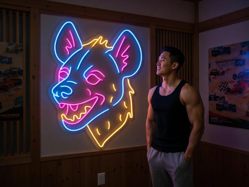 May include: A neon sign in the shape of a hyena's head, with blue, pink, and yellow lights, mounted on a wooden wall. The sign is the focal point of the room. A person is standing in front of the sign.