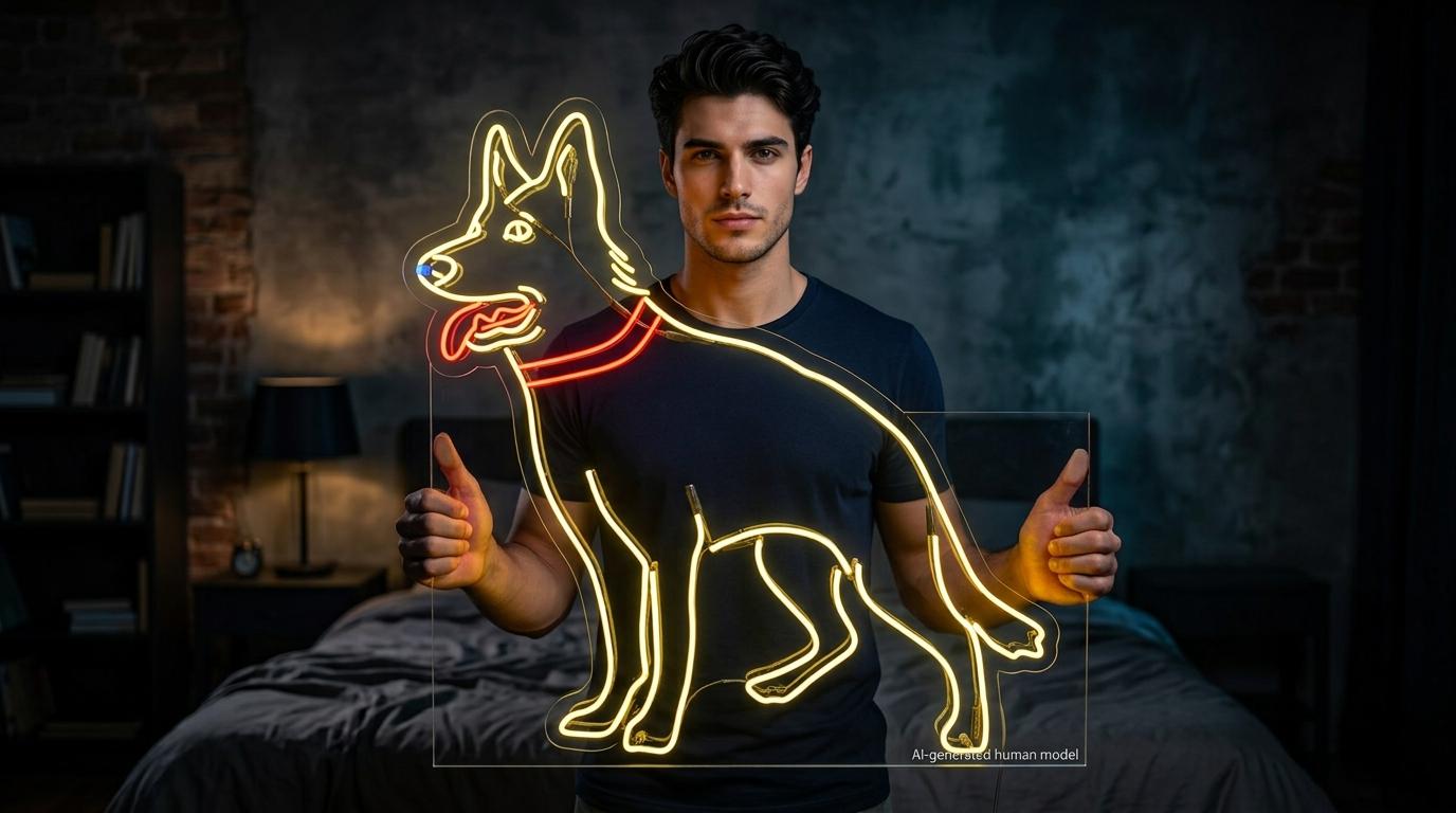 TWO DOGS ヴィンテージ ネオン看板 人感センサー付き 蚤の市 ライト Dog German Shepherd Neon Sign, Police Dog Neon Sign, GSD Neon Sign
