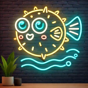 Pufferfish neon sign, puffer fish neon sign, blowfish neon light, neon pufferfish sign, neon blowfish, pufferfish LED neon sign