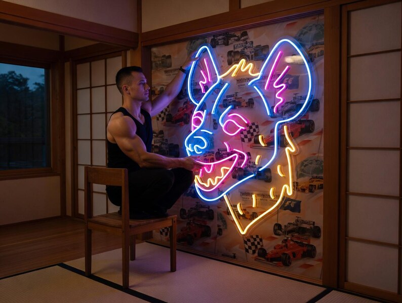 May include: A neon sign in the shape of a hyena's head, outlined in blue, pink, and yellow. The sign is mounted on a wall with a racing car design. A person is sitting on a wooden chair, interacting with the sign.