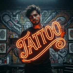 Peut inclure: Une personne tenant une enseigne au néon avec le mot "TATTOO" dans une police stylisée. L'enseigne brille d'une lumière orange. L'arrière-plan comprend un mur de briques avec du graffiti et des motifs de tatouage encadrés.