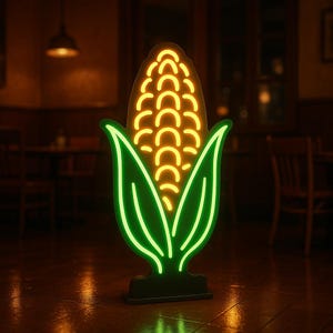 Può includere: Un'insegna al neon a forma di pannocchia di mais. I chicchi di mais brillano di giallo, mentre le foglie sono bordate di verde. L'insegna è montata su una base nera, probabilmente per un ristorante o un bar.