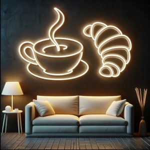 Cup of coffee and croissant neon sign, Neon coffee cup sign, Coffee shop neon sign, Cafe neon sign, Coffee lover gift, Neon kitchen sign