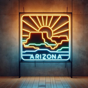 Letrero de neón del mapa del estado de Arizona, mapa de neón del estado de Arizona, mapa de neón de Arizona, letrero de neón del mapa de Estados Unidos