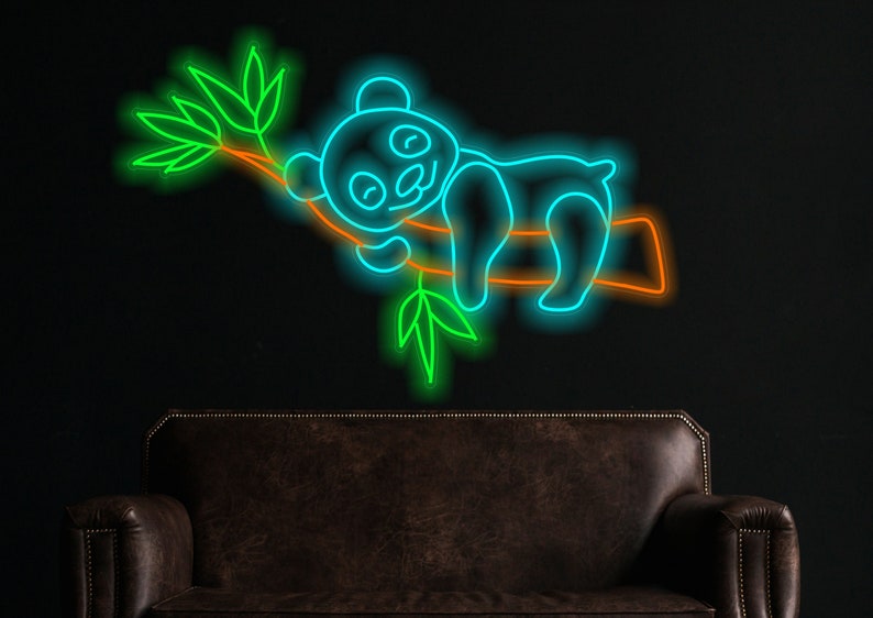 Panda Neon Sign, Bear Panda Neon Sign, Panda on a Bamboo Branch Neon ...