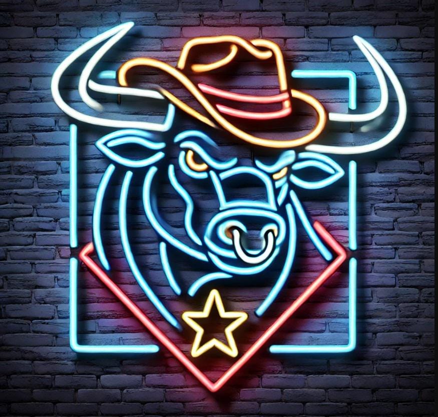 Neon sign bull in cowboy hat, Bull Head Neon, Longhorn bull cowboy Neon Sign, Texas LongHorn Sign, Cow Neon Sign, Western Cowboy Bull neon