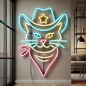 Cat in cowboy hat, Neon sign of skinny cowboy cat, Neon sign with cat in hat, Western cat neon, Cat in cowboy hat neon