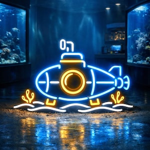 May include: Neon sign depicting a submarine in a blue aquarium. The submarine is outlined in blue with a yellow circular window and top. The Hebrew letter "ה" is on top. The scene includes aquatic plants.