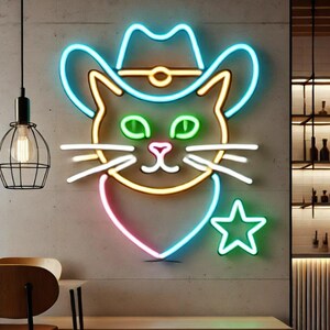 Cat in cowboy hat, Neon sign of skinny cowboy cat, Neon sign with cat in hat, Western cat neon, Cat in cowboy hat neon