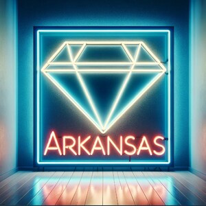 Letrero de neón del mapa del estado de Arkansas, mapa de neón del estado de Arkansas, neón del mapa de Arkansas, letrero de neón de Arkansas, letrero de neón del mapa del estado de Estados Unidos
