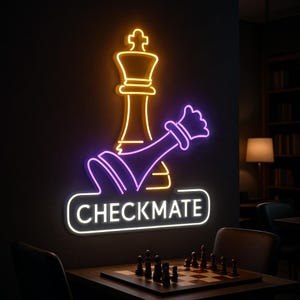 Checkmate Neon Sign – Chess Queen and Falling King Wall Light, Game Room Chess Decor, Gift for Chess Lovers