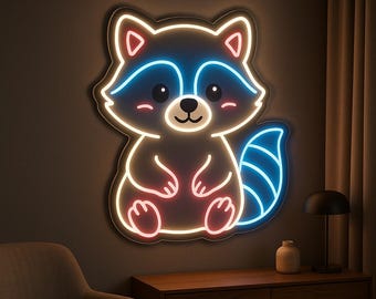Raccoon Neon Sign – Cute LED Raccoon Wall Light, Kawaii Neon Lamp for Bedroom, Game Room, Bar Decor