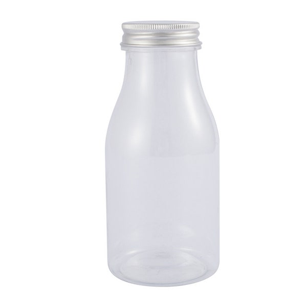 Set of 10 Clear Plastic Bottles 300ml Aluminium Cap, Milk Bottle Shape, Bath Salts Bottle