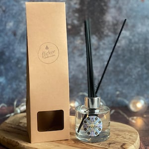 Pu&ograve; includere: Un diffusore in vetro trasparente con canne nere e un colletto argentato, accanto a una scatola di cartone marrone. La bottiglia ha la scritta "Coraline". La scatola ha il logo "flicker candle studio".