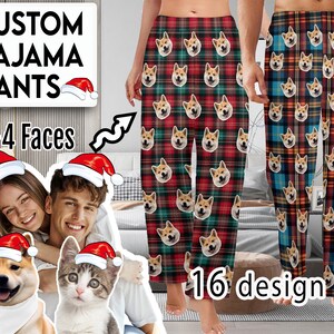 May include: Custom pyjama pants with a red and green plaid pattern and a variety of dog faces printed on them. The text "1-4 Faces" and "16 design" is visible on the image.
